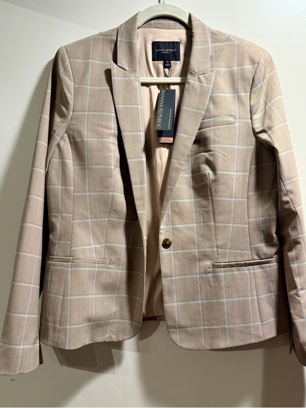 Banana Republic Plaid Blazer Size 12 Beige Tan Tailored Classic Fit NWT